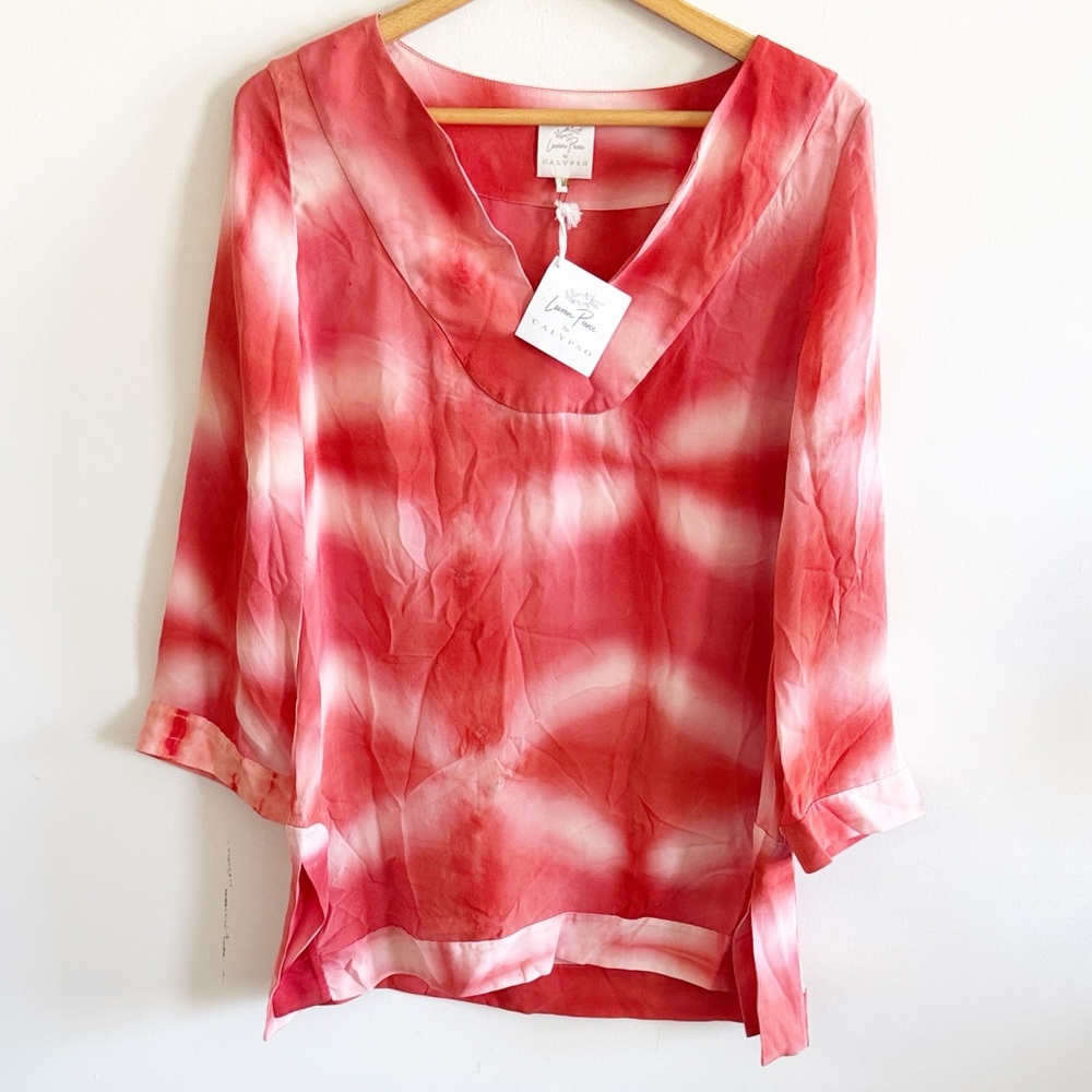 Lauren Pierce x Calypso 100% silk tie dye v-neck tunic top swim suit cover up